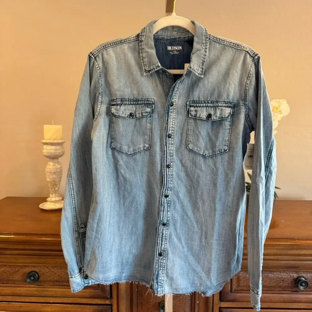 Hudson Boys Easton Denim Shirt Blue Haze Raw Hem XL NWT - Picture 1 of 7